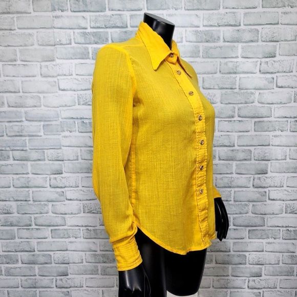 Vintage 70s Campus Casuals of Calif S Yellow Sheer Gauze Knit L/S Button Up Top - Picture 3 of 7